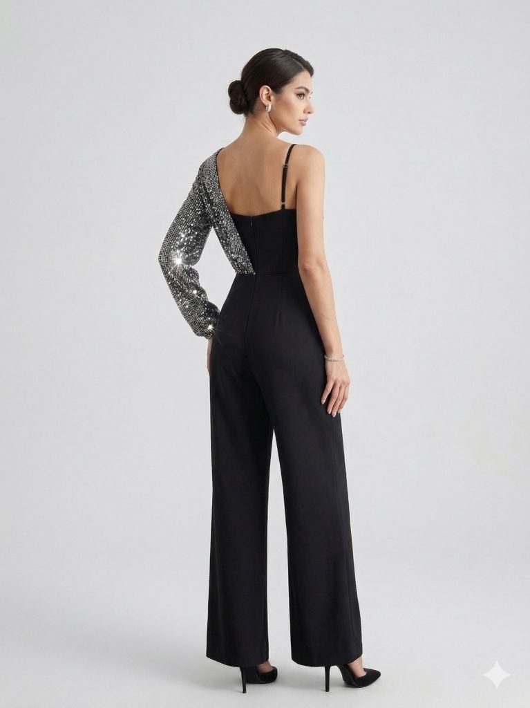 CENTİLMEN Asimetrik Payet Detaylı Siyah Tulum 7078