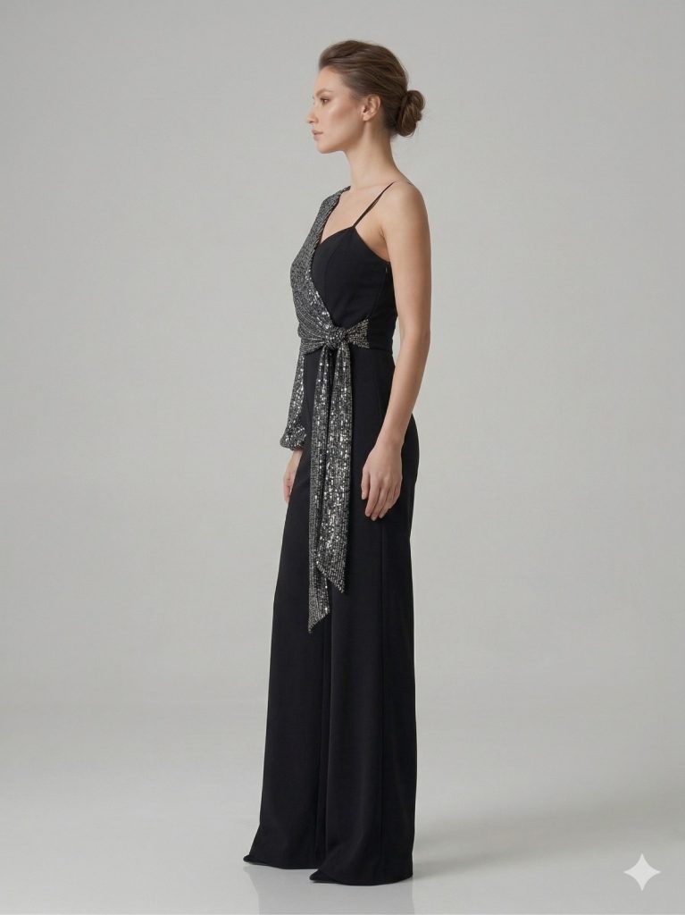 CENTİLMEN Asimetrik Payet Detaylı Siyah Tulum 7078