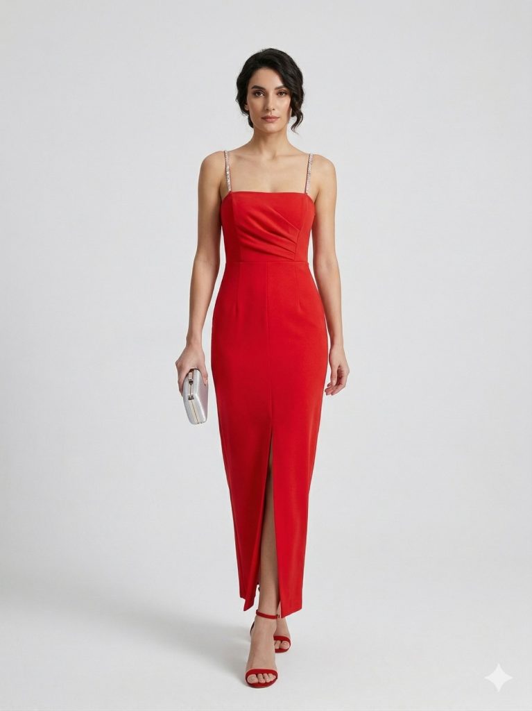 ZMS Askılı Yandan Yırtmaçlı Elbise 8337 - mercan