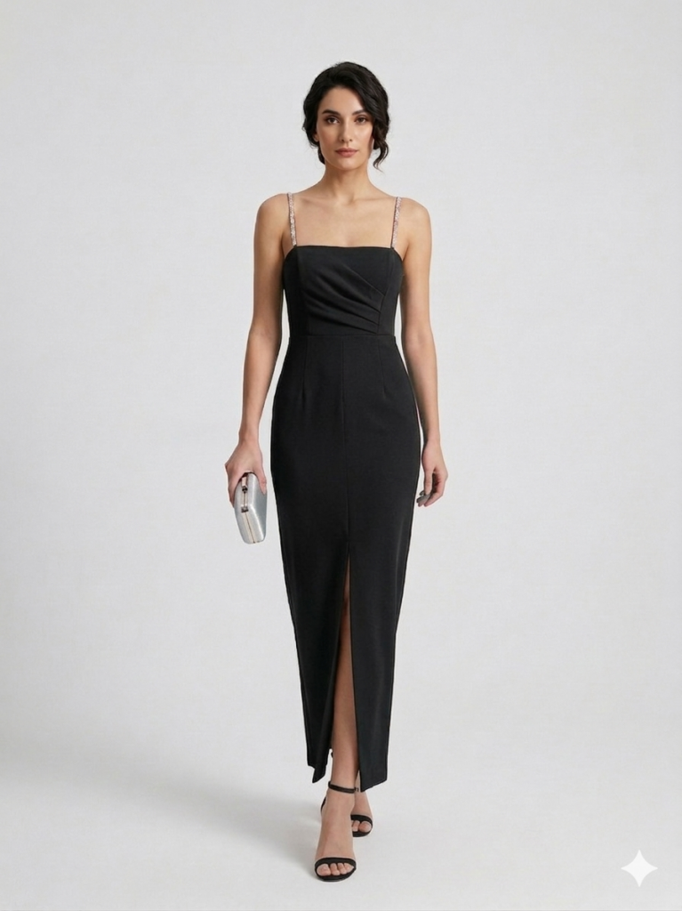 ZMS Askılı Yandan Yırtmaçlı Elbise 8337 - Siyah