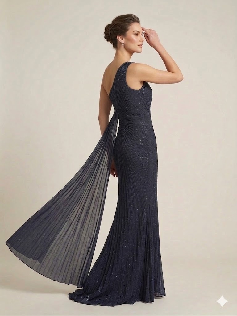 FOR COSTUME Tek Omuz Pileli Taş İşlemeli Abiye Elbise 10204 - Lacivert