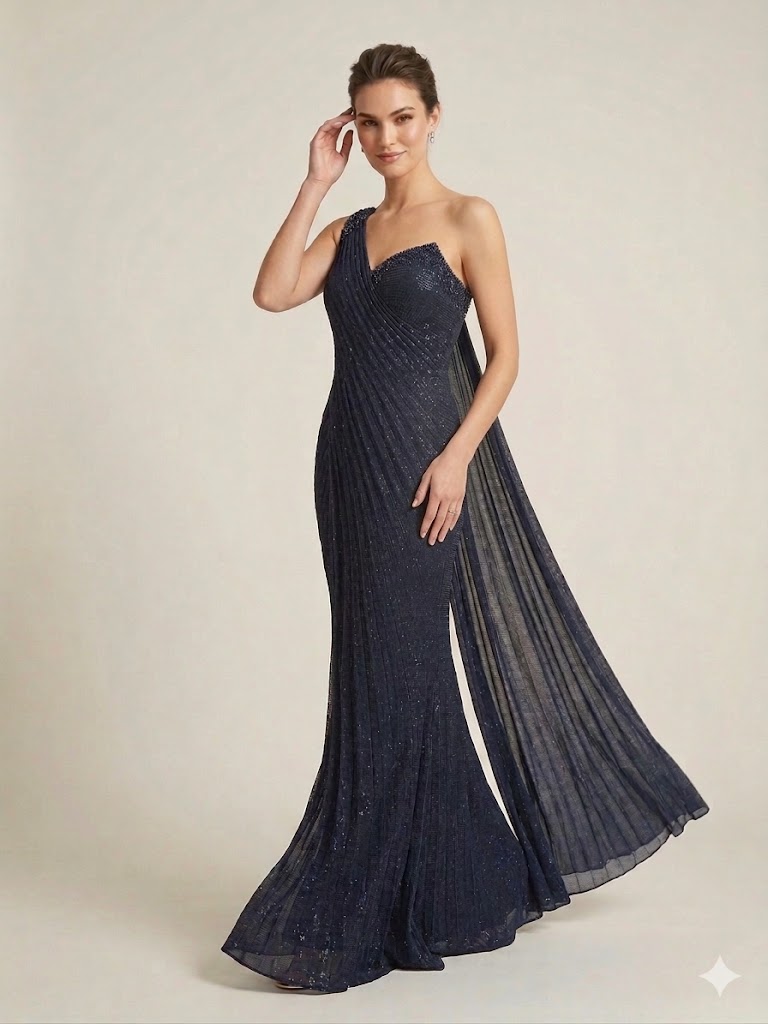 FOR COSTUME Tek Omuz Pileli Taş İşlemeli Abiye Elbise 10204 - Lacivert