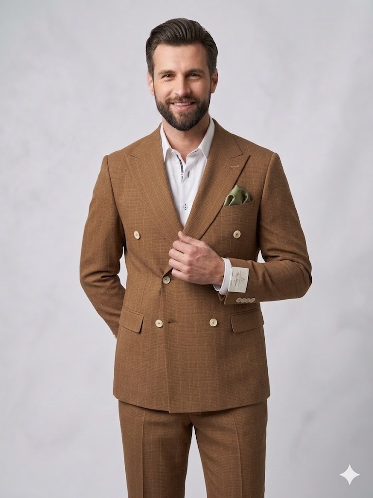 SELİM HAVAN Kruvaze Çizgili Erkek Blazer Ceket 0024 - taba