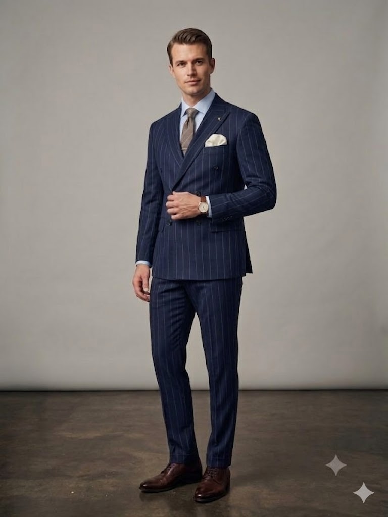 MCR Erkek Slim Fit Çizgili Kruvaze Takım Elbise 45426 - Lacivert