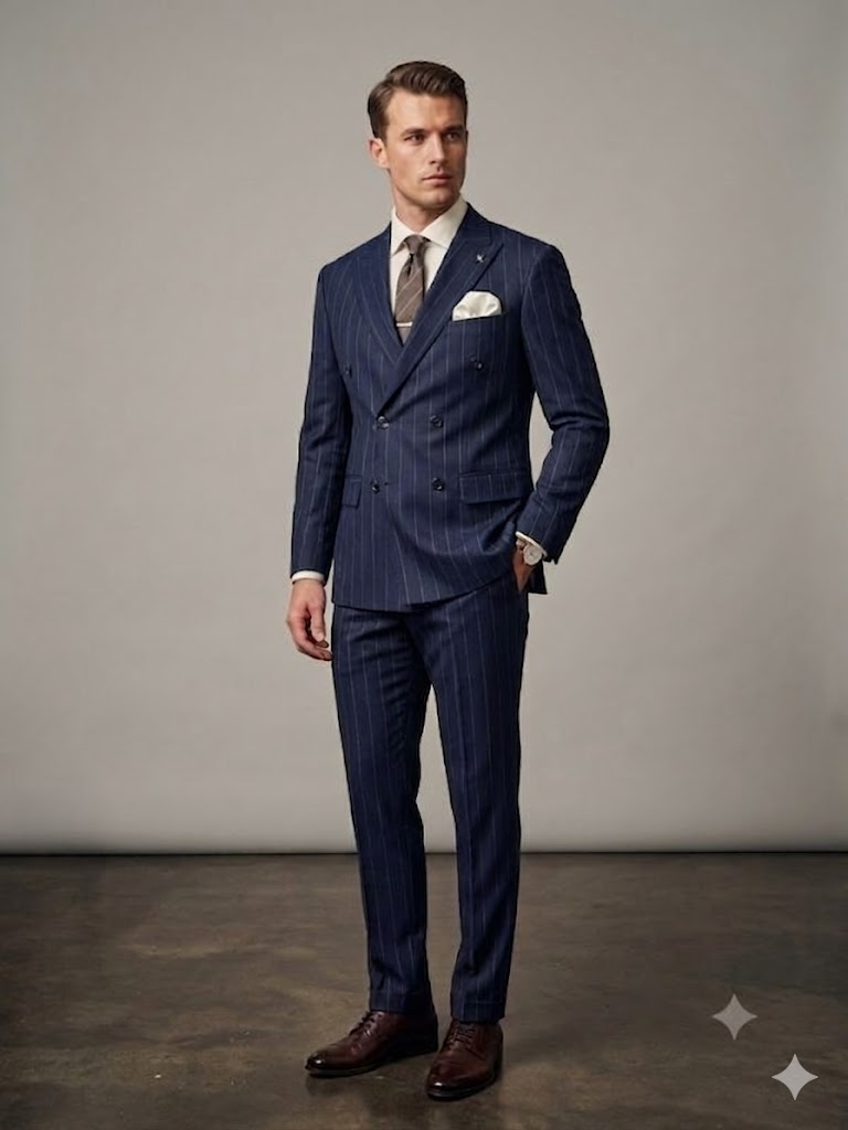 MCR Erkek Slim Fit Çizgili Kruvaze Takım Elbise 45426 - Lacivert