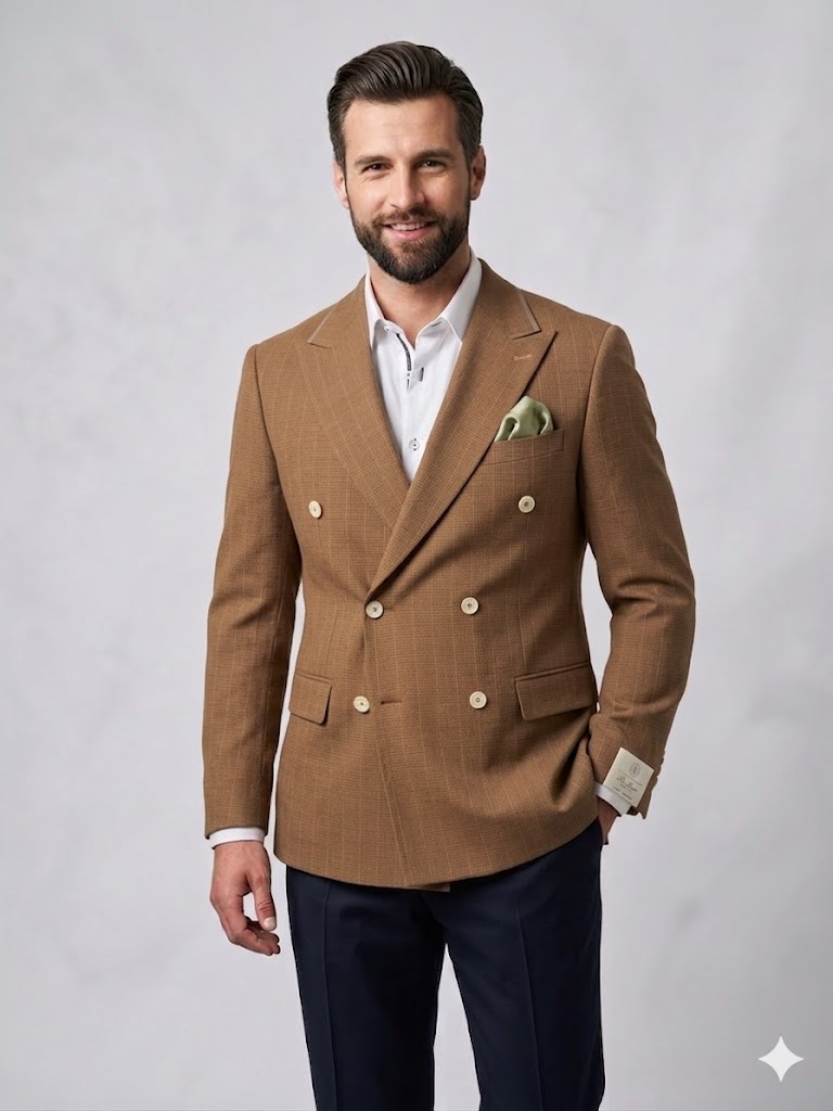 SELİM HAVAN Kruvaze Çizgili Erkek Blazer Ceket 0024 - taba