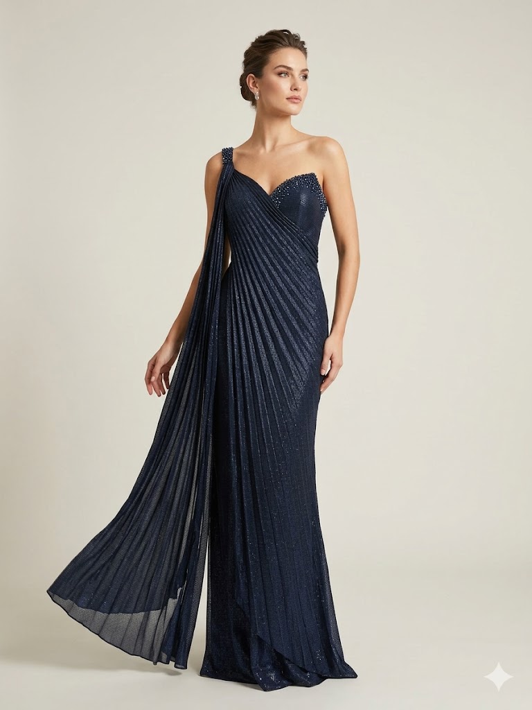 FOR COSTUME Tek Omuz Pileli Taş İşlemeli Abiye Elbise 10204 - Lacivert