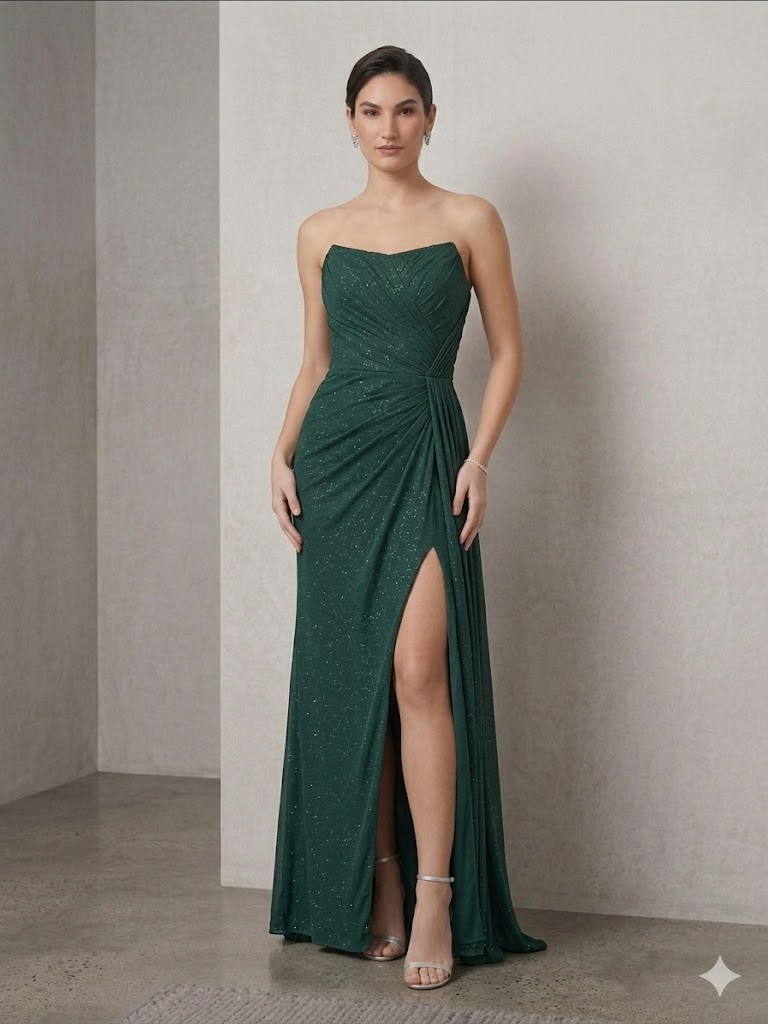 CENTİLMEN Pileli Abiye Elbise 8208 - NEFTİ YEŞ.