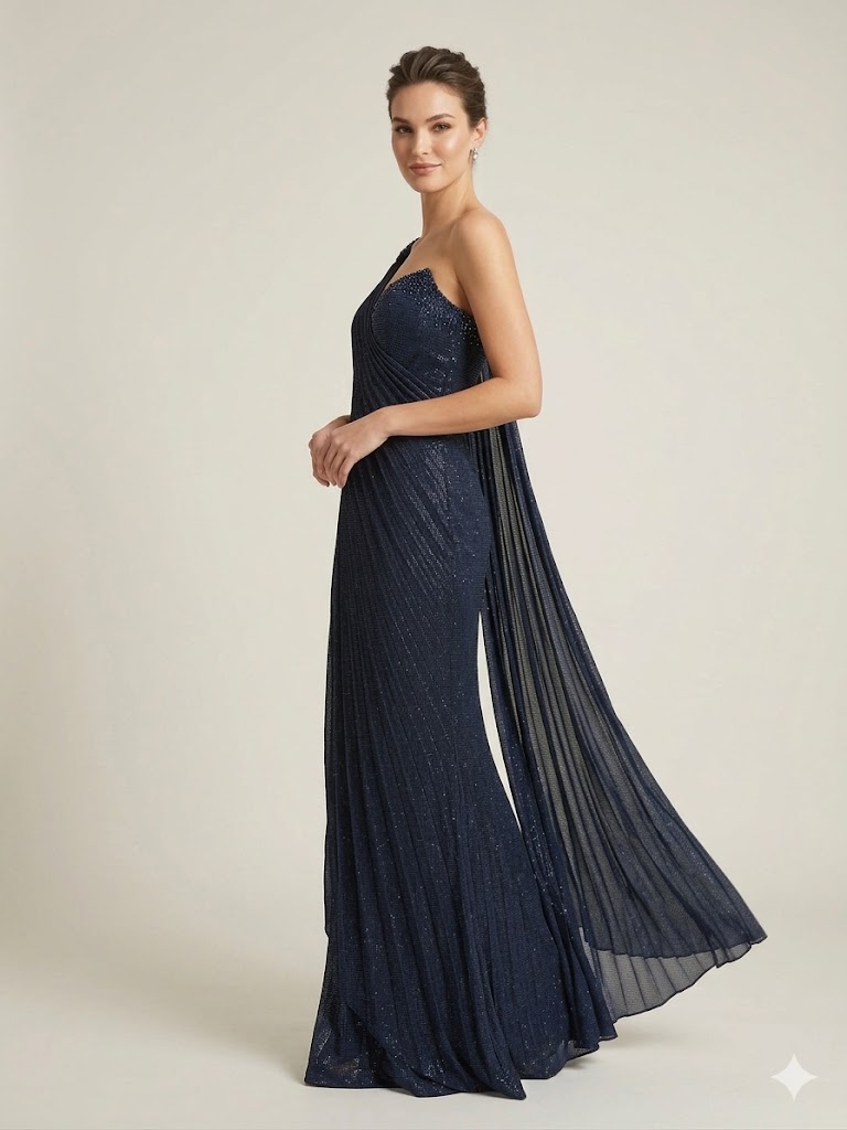 FOR COSTUME Tek Omuz Pileli Taş İşlemeli Abiye Elbise 10204 - Lacivert