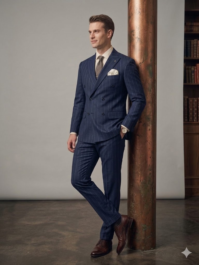 MCR Erkek Slim Fit Çizgili Kruvaze Takım Elbise 45426 - Lacivert
