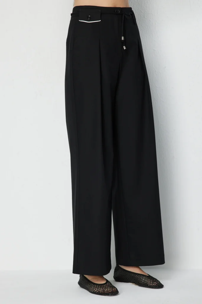 EKOL Beli İp Kemerli Bol Paça Pantolon 4080