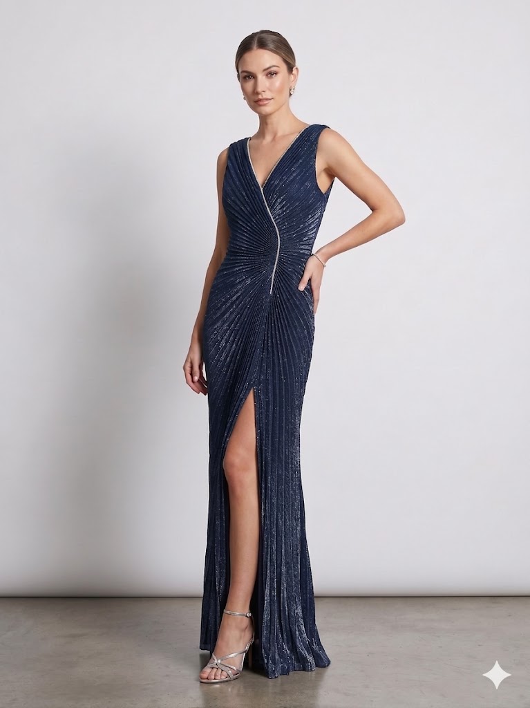 FOR COSTUME Simli V Yaka Abiye Elbise 0759 - Lacivert