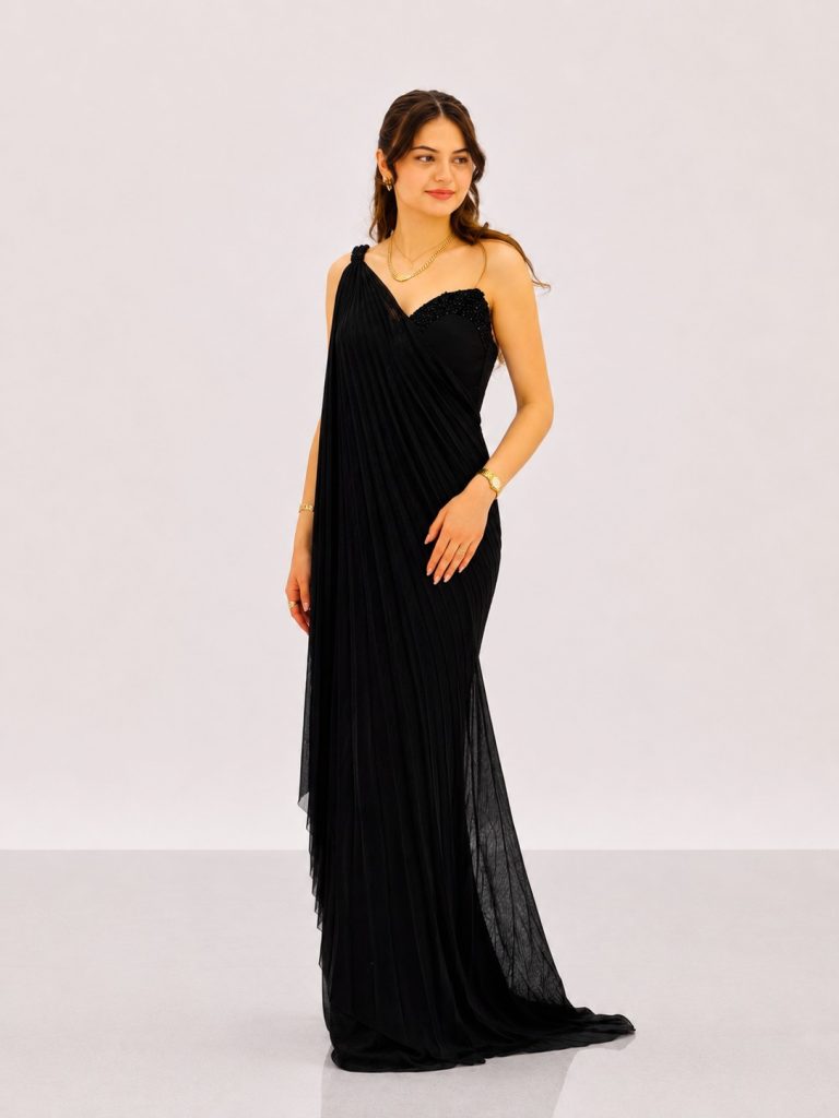 FOR COSTUME Tek Omuz Pileli Taş İşlemeli Abiye Elbise 10204 - Siyah