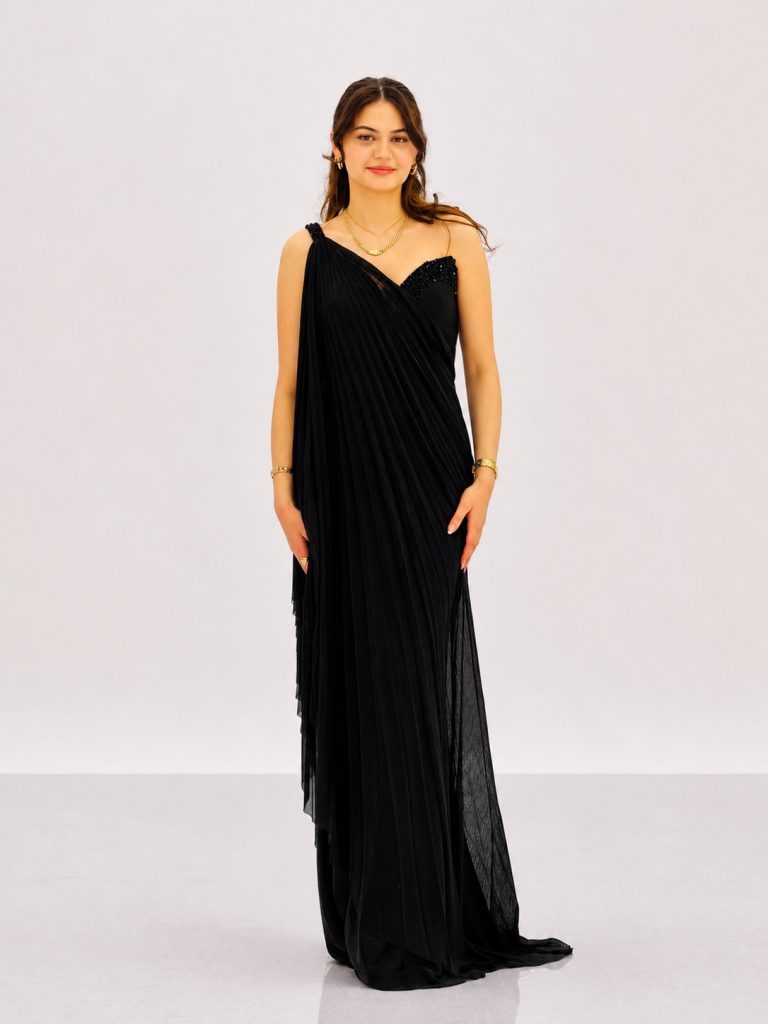 FOR COSTUME Tek Omuz Pileli Taş İşlemeli Abiye Elbise 10204 - Siyah