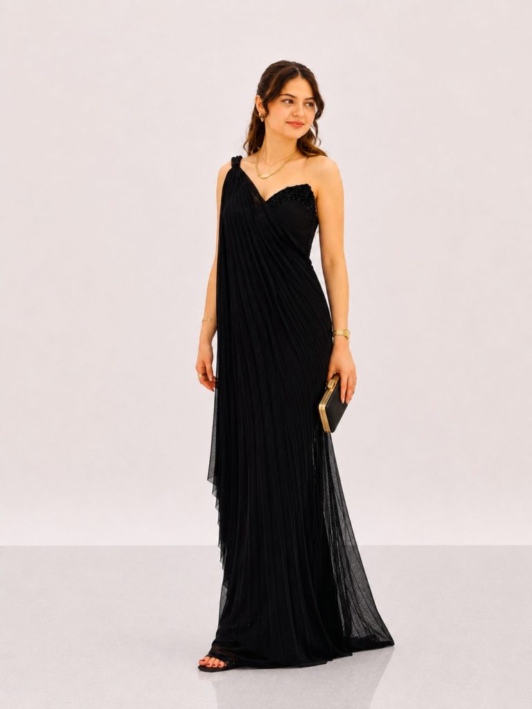FOR COSTUME Tek Omuz Pileli Taş İşlemeli Abiye Elbise 10204 - Siyah