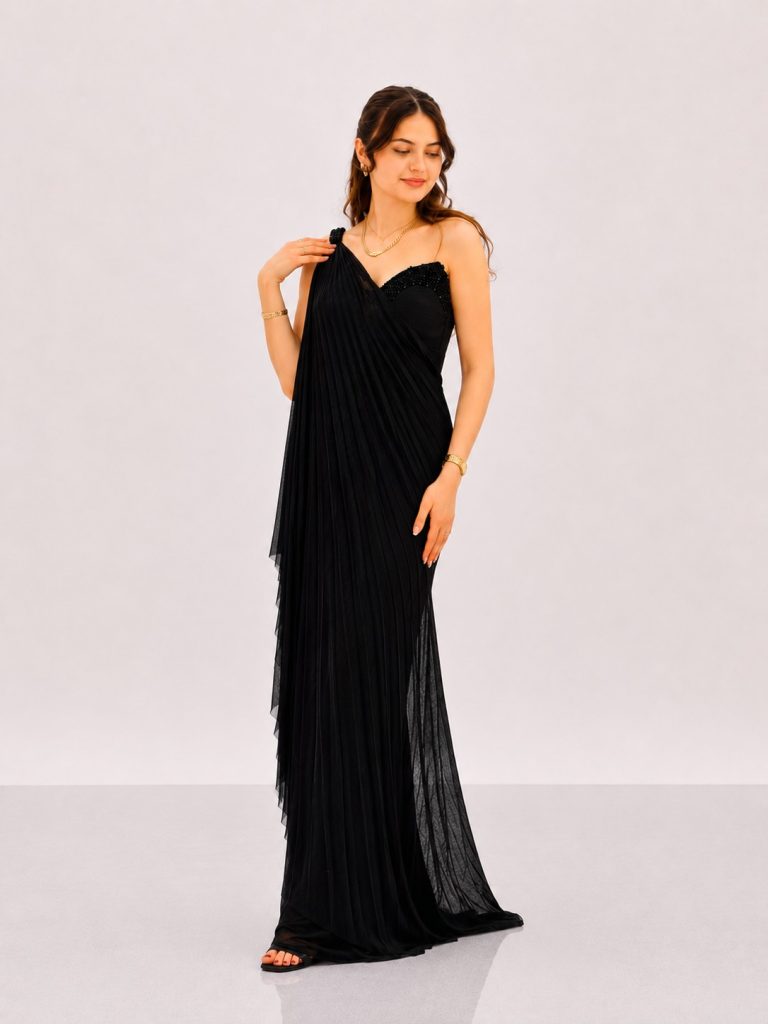 FOR COSTUME Tek Omuz Pileli Taş İşlemeli Abiye Elbise 10204 - Siyah