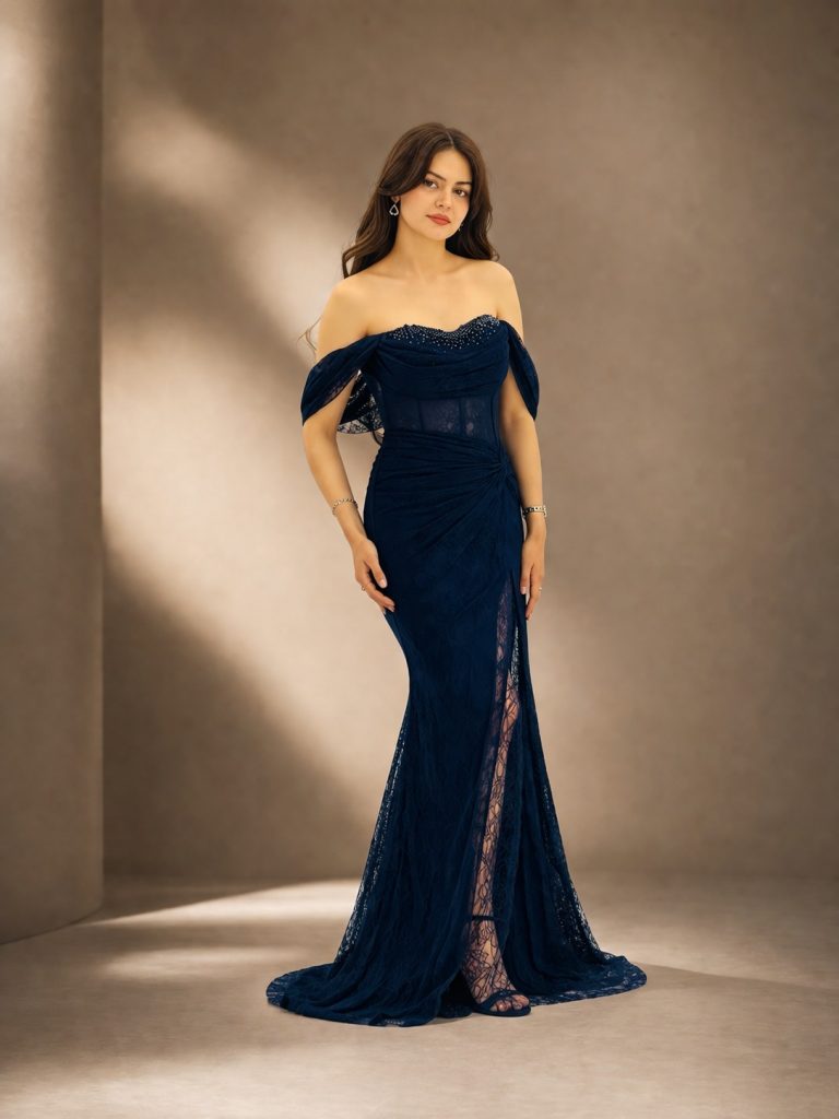 FOR COSTUME Dantel Detaylı Abiye 10534 - Lacivert