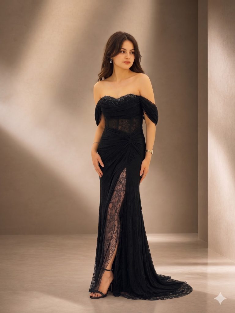 FOR COSTUME Dantel Detaylı Abiye 10534 - Siyah