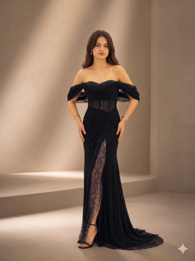FOR COSTUME Dantel Detaylı Abiye 10534 - Siyah