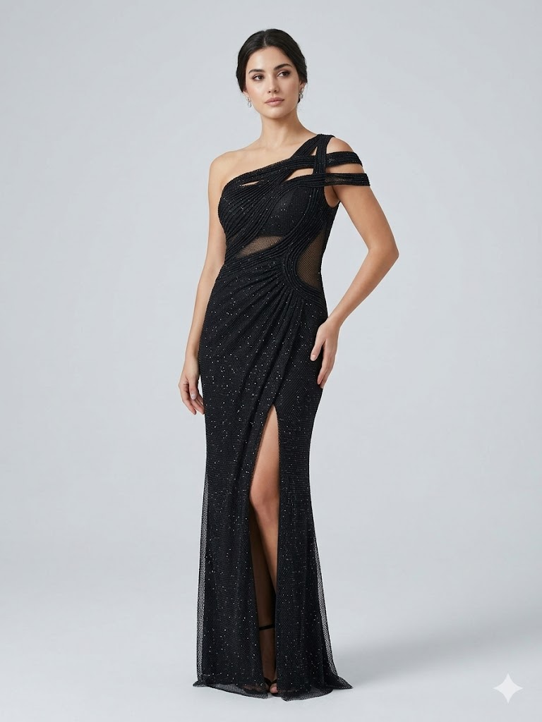FOR COSTUME Tek Omuz Abiye Elbise 10541 - Siyah