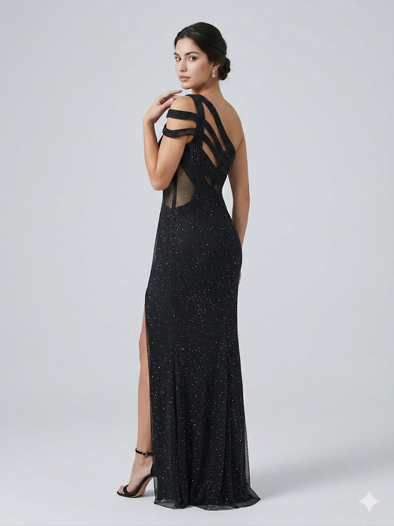 FOR COSTUME Tek Omuz Abiye Elbise 10541 - Siyah