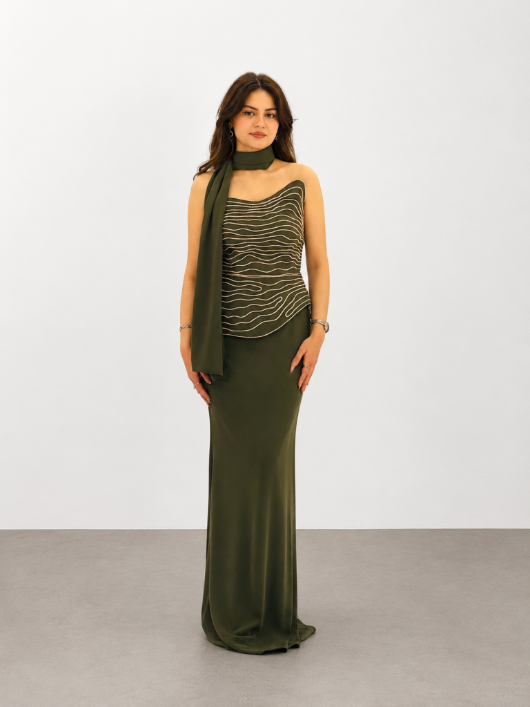 FOR COSTUME Taş İşlemeli Abiye Elbise 10546 - HAKİ