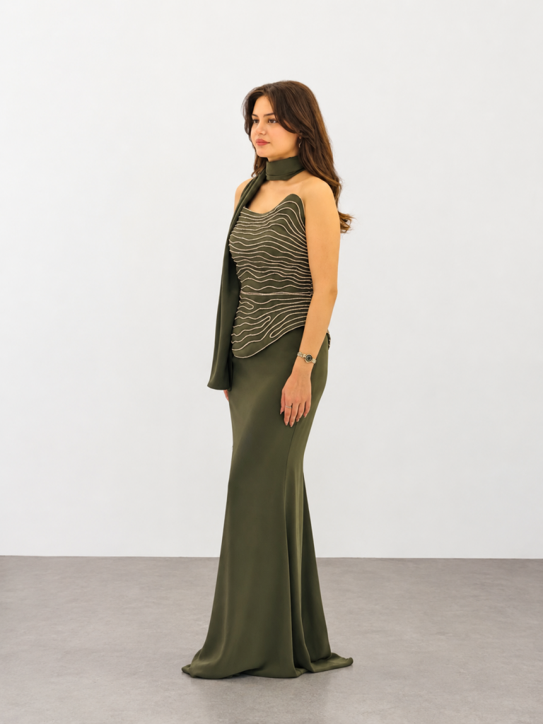 FOR COSTUME Taş İşlemeli Abiye Elbise 10546 - HAKİ