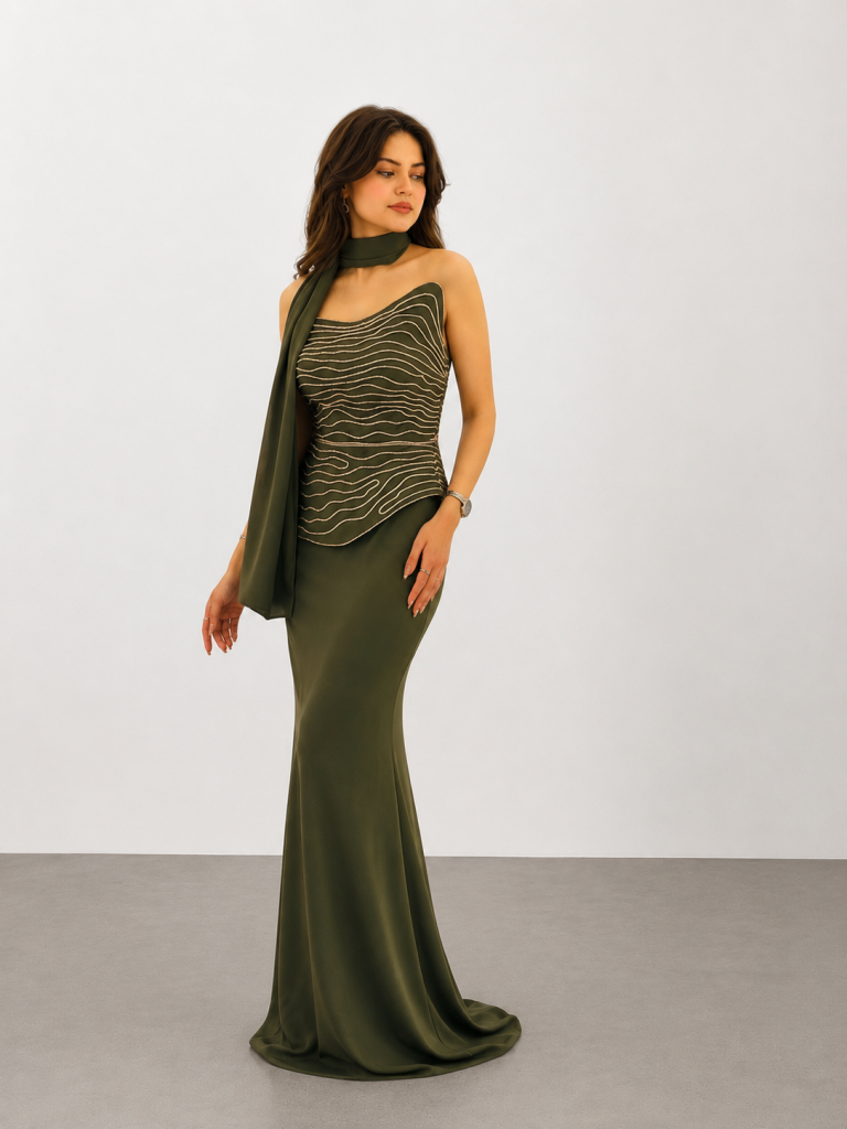 FOR COSTUME Taş İşlemeli Abiye Elbise 10546 - HAKİ