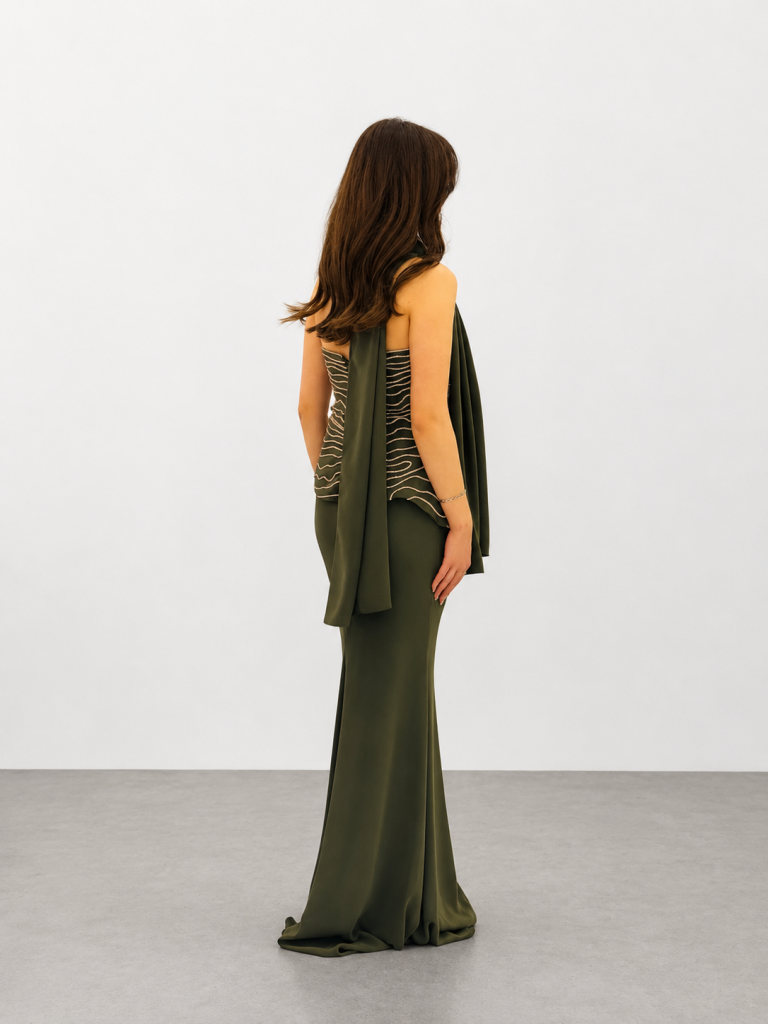 FOR COSTUME Taş İşlemeli Abiye Elbise 10546 - HAKİ
