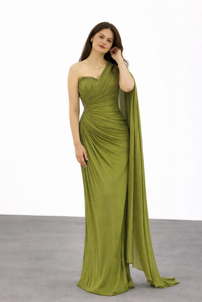 FOR COSTUME  Kol Detaylı Yarım Straplez Abiye Elbise 9811 - HAKİ