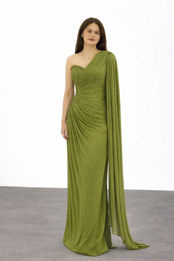 FOR COSTUME  Kol Detaylı Yarım Straplez Abiye Elbise 9811 - HAKİ