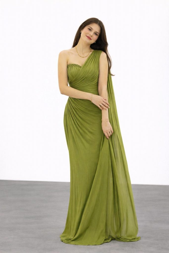 FOR COSTUME  Kol Detaylı Yarım Straplez Abiye Elbise 9811 - HAKİ