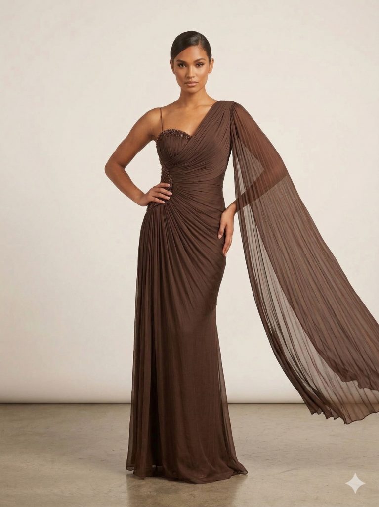 FOR COSTUME  Kol Detaylı Yarım Straplez Abiye Elbise 9811 - kahve