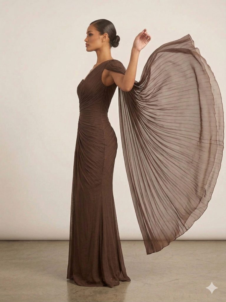 FOR COSTUME  Kol Detaylı Yarım Straplez Abiye Elbise 9811 - kahve