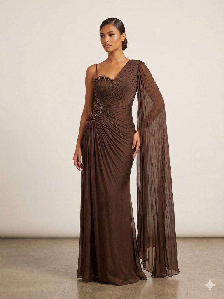 FOR COSTUME  Kol Detaylı Yarım Straplez Abiye Elbise 9811 - kahve