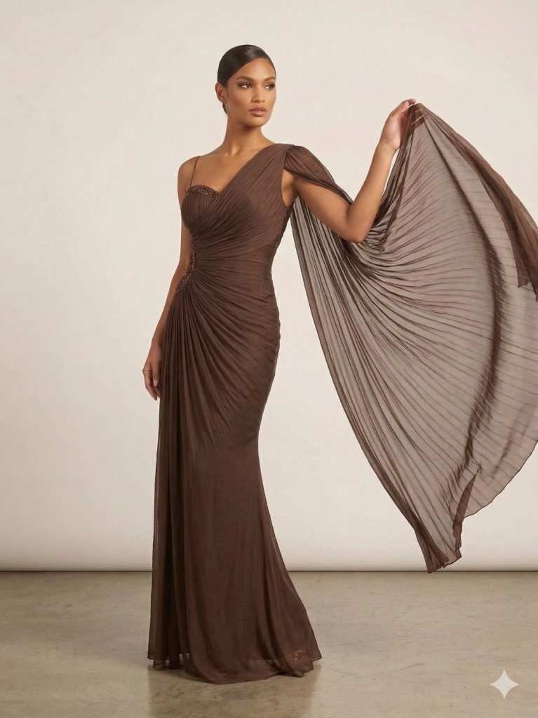FOR COSTUME  Kol Detaylı Yarım Straplez Abiye Elbise 9811 - kahve