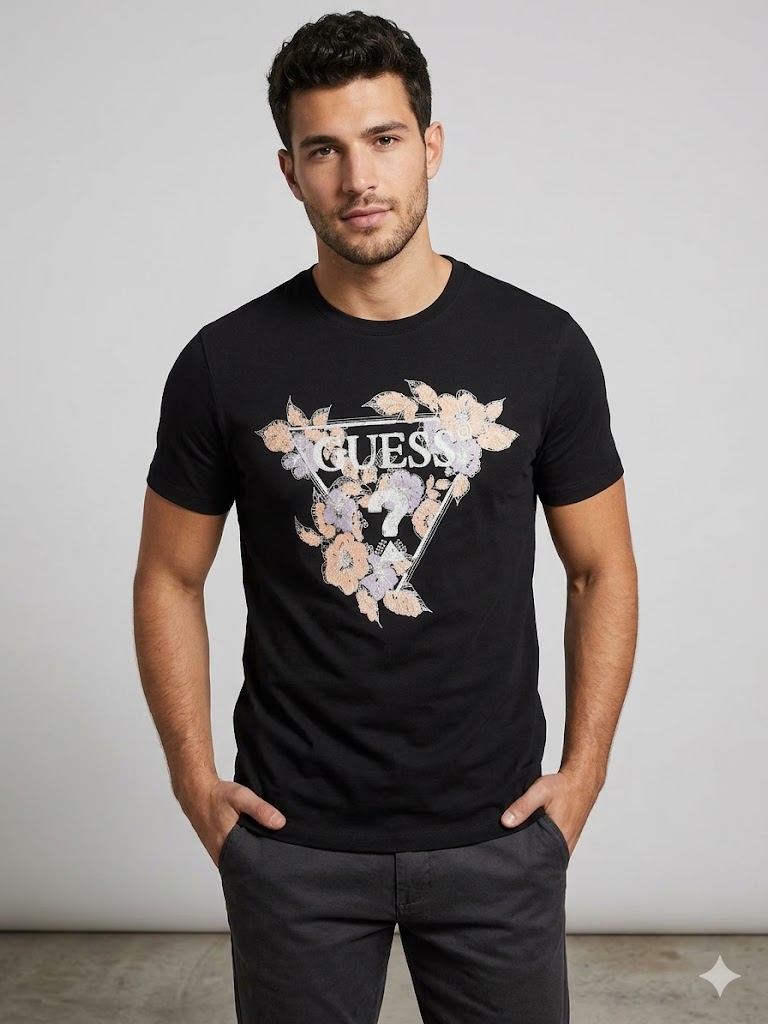 GUESS Erkek Baskılı Kısa Kollu Bisiklet Yaka T-Shirt M4GI11I3Z14 - Siyah