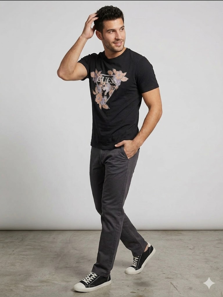 GUESS Erkek Baskılı Kısa Kollu Bisiklet Yaka T-Shirt M4GI11I3Z14 - Siyah