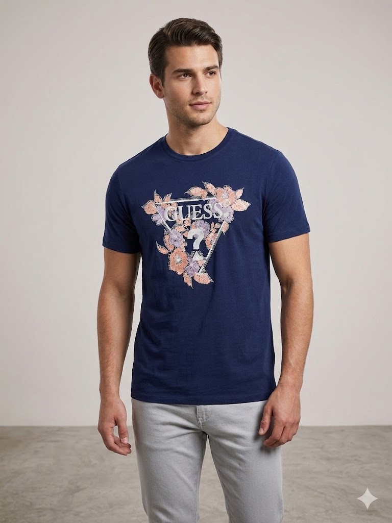 GUESS Erkek Baskılı Kısa Kollu Bisiklet Yaka T-Shirt M4GI11I3Z14 - Lacivert