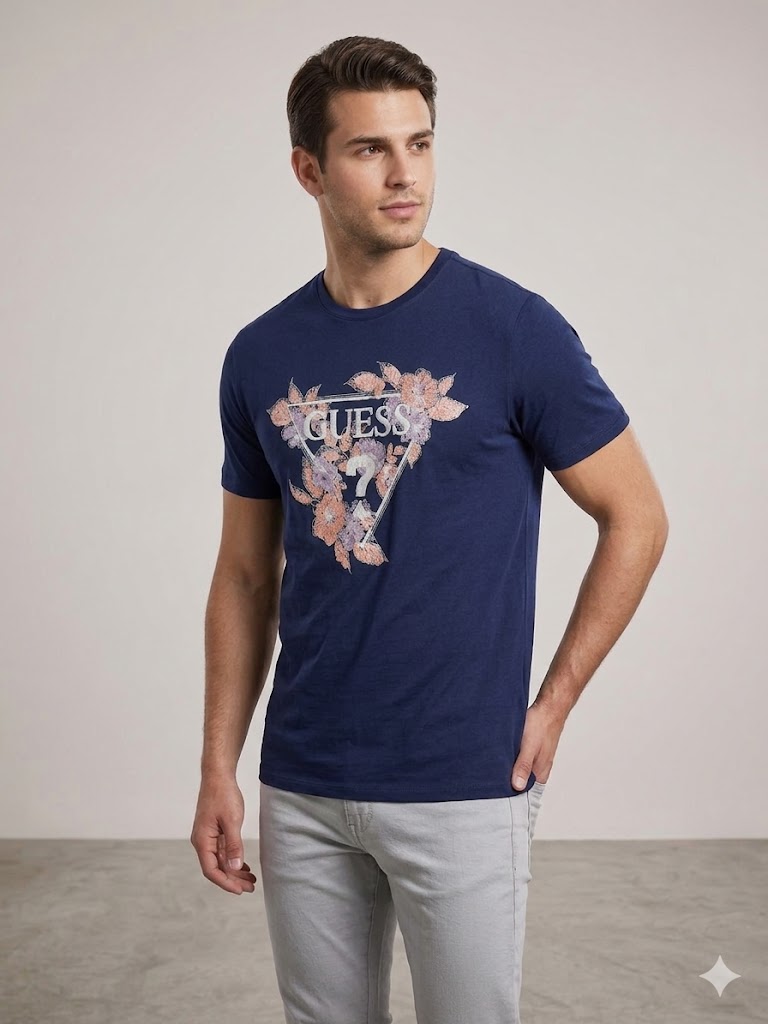 GUESS Erkek Baskılı Kısa Kollu Bisiklet Yaka T-Shirt M4GI11I3Z14 - Lacivert