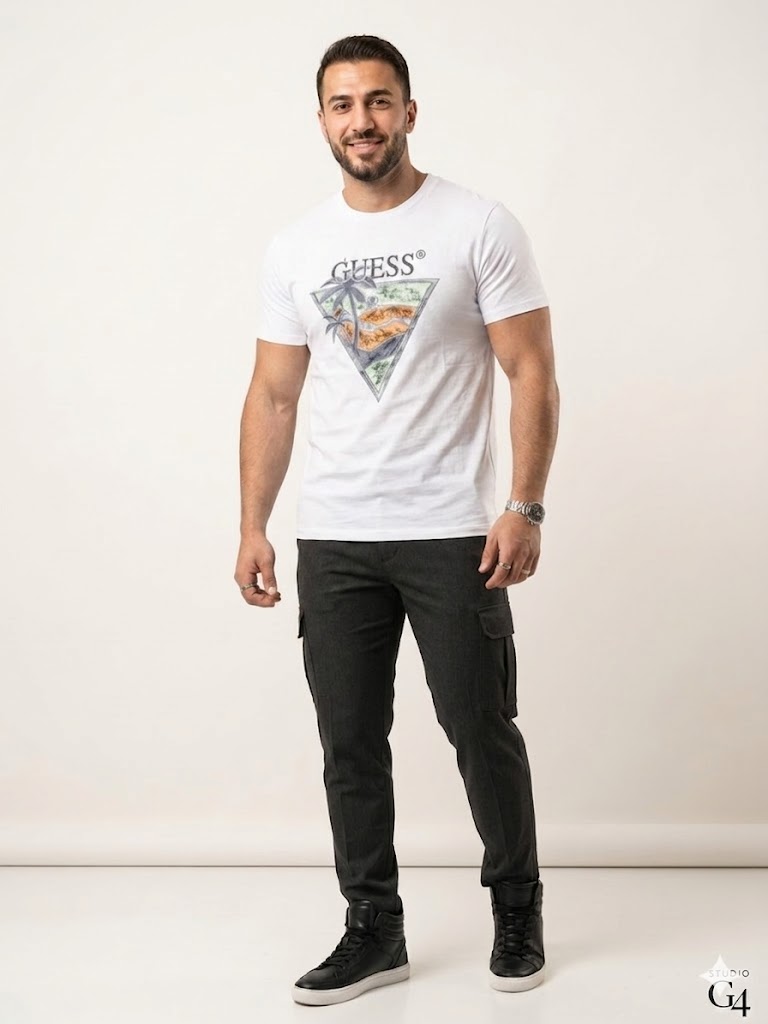 GUESS Erkek Baskılı Bisiklet Yaka T-Shirt M4GI16I3Z14 - Beyaz