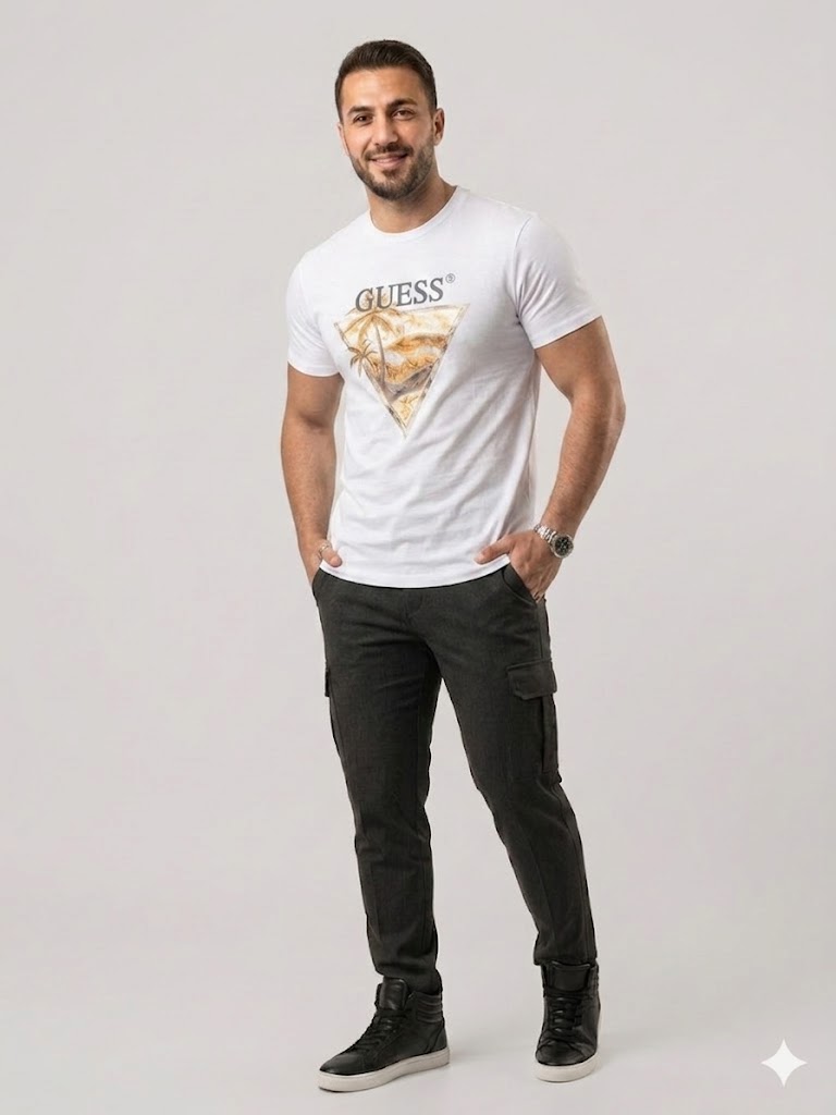 GUESS Erkek Baskılı Bisiklet Yaka T-Shirt M4GI16I3Z14 - Beyaz