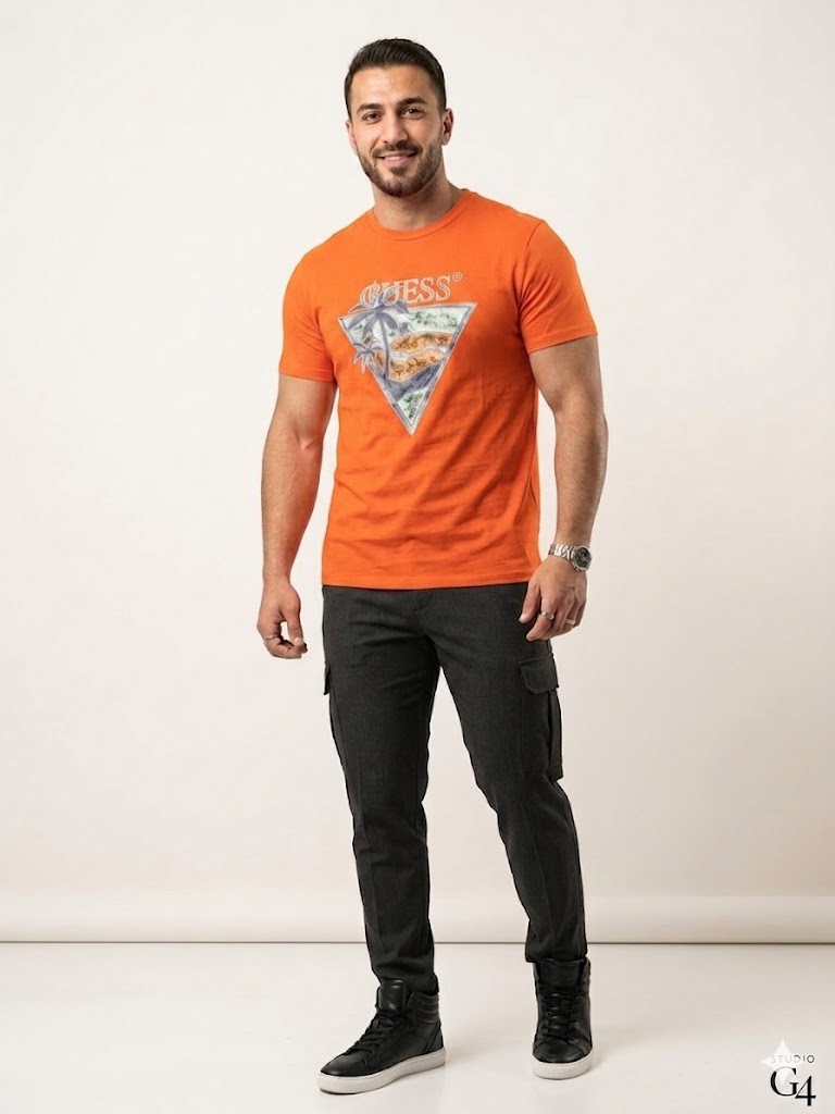 GUESS Erkek Baskılı Bisiklet Yaka T-Shirt M4GI16I3Z14 - turuncu