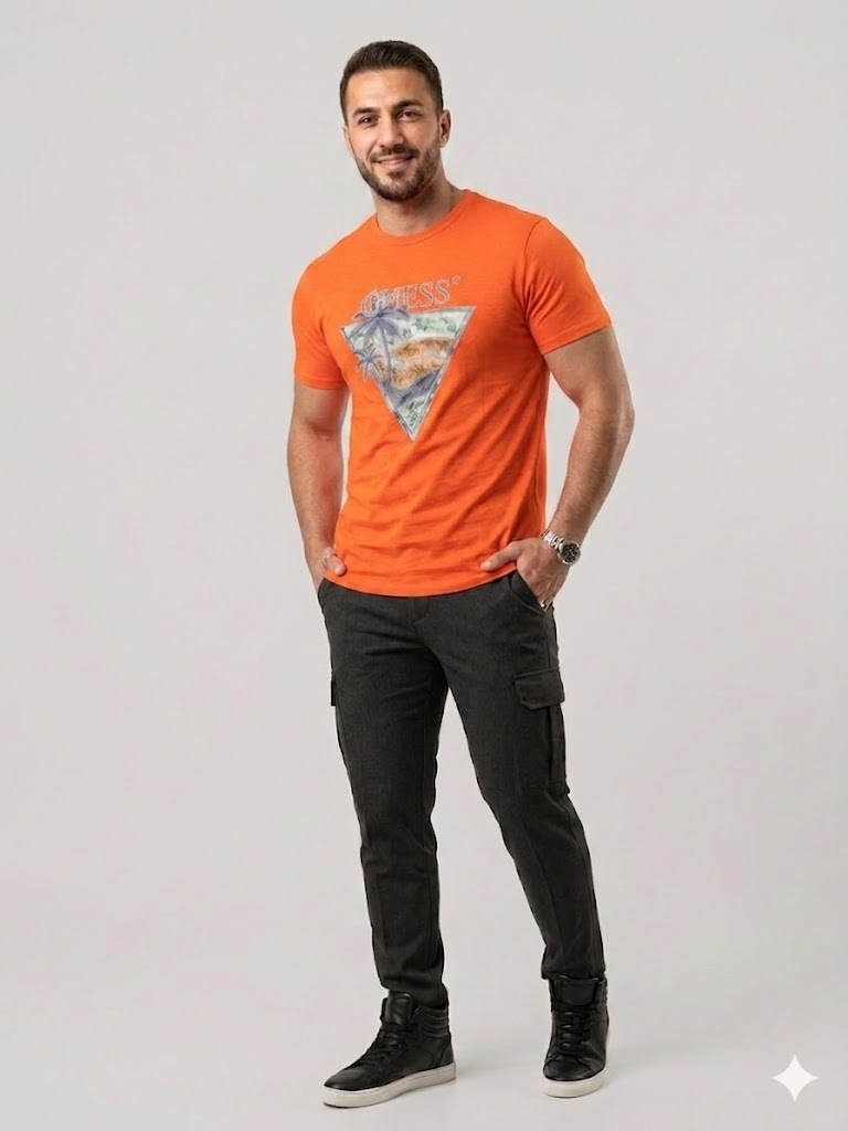 GUESS Erkek Baskılı Bisiklet Yaka T-Shirt M4GI16I3Z14 - turuncu