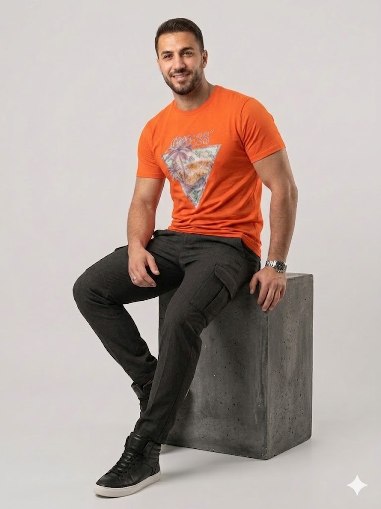 GUESS Erkek Baskılı Bisiklet Yaka T-Shirt M4GI16I3Z14 - turuncu