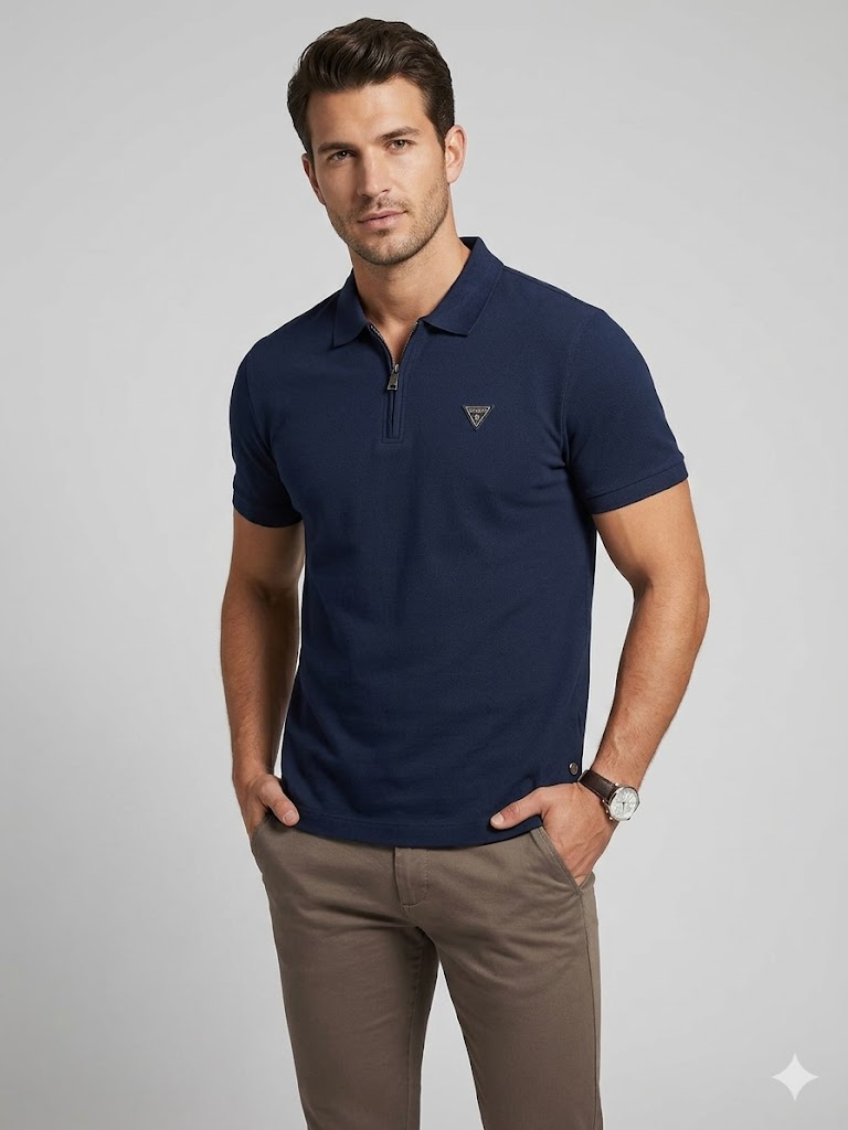 GUESS Erkek Fermuar Detaylı Polo Yaka Kısa Kollu T-Shirt M4YR00Z3DM0 - Lacivert