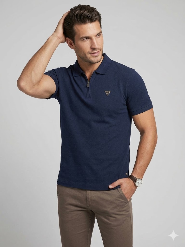 GUESS Erkek Fermuar Detaylı Polo Yaka Kısa Kollu T-Shirt M4YR00Z3DM0 - Lacivert