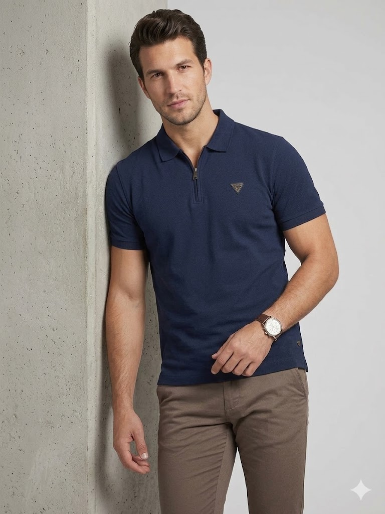 GUESS Erkek Fermuar Detaylı Polo Yaka Kısa Kollu T-Shirt M4YR00Z3DM0 - Lacivert