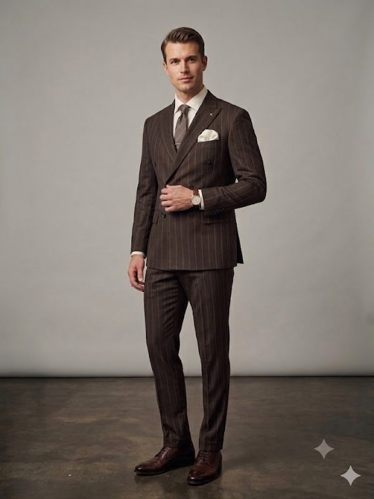 MCR Erkek Slim Fit Çizgili Kruvaze Takım Elbise 45426 - kahve