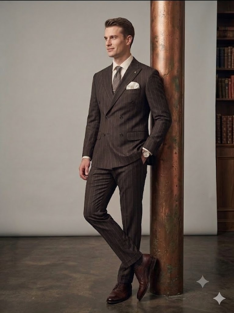 MCR Erkek Slim Fit Çizgili Kruvaze Takım Elbise 45426 - kahve